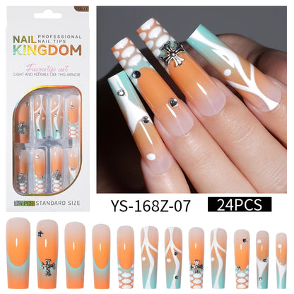 Private Label Wholesale Custom 24pcs French Style Press on Nail Long Square Rhinestone Luxury Press on Nails With Diamond