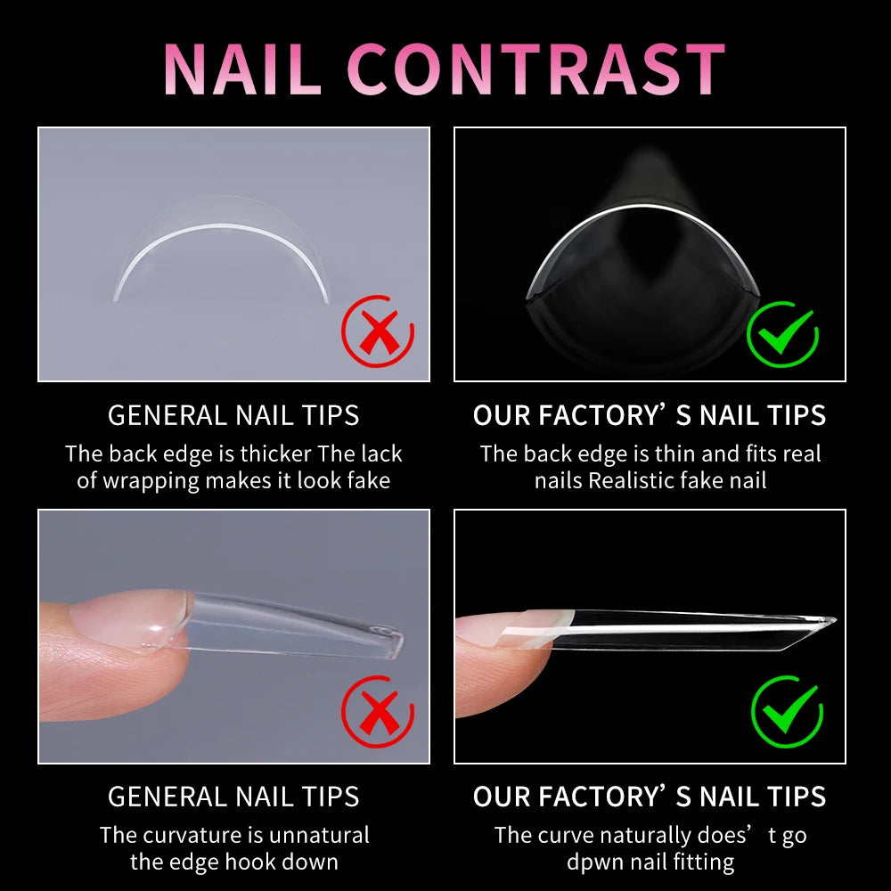 New Design OEM Long Stiletto False Nails 504pcs 12sizes Half Cover Soft Gel Traceless Natural Clear XXL Stiletto Nail Tips