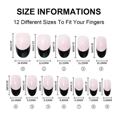 Custom 24PCS French Nails Press on Nude Color Handmade Short Round Acrylic Press on Nails French Black Tip