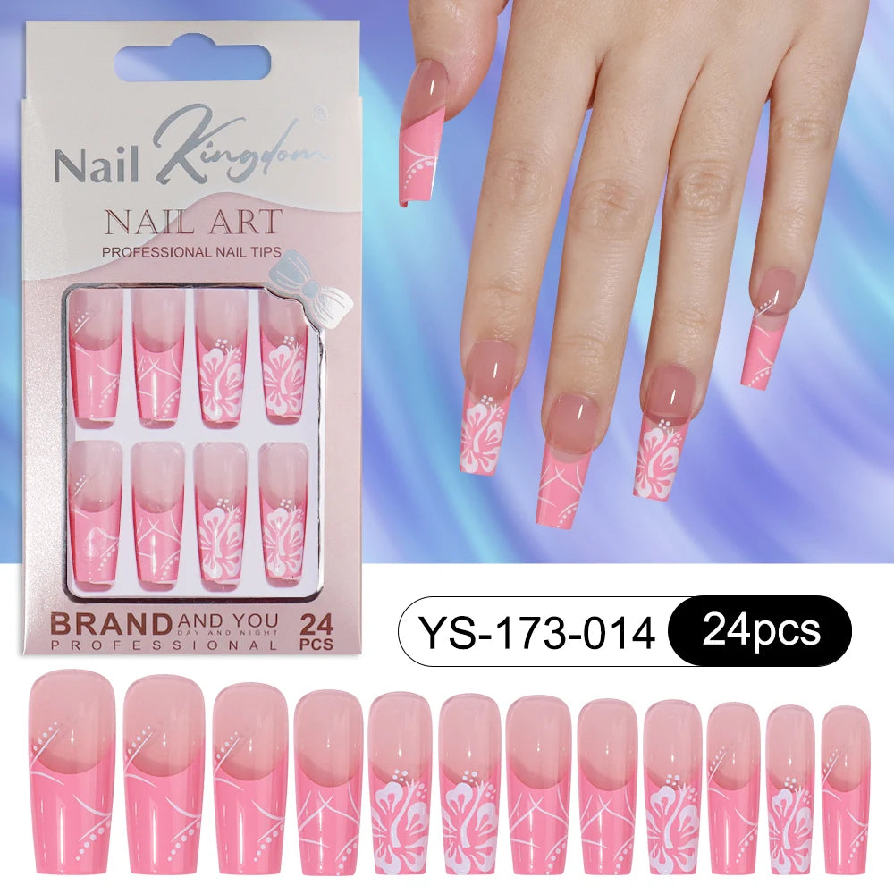 Wholesale Custom 24pcs Reusable Handmade Long Square Luxury French Tip Press on Nails for Nails Supplies Salon with Nail Tools