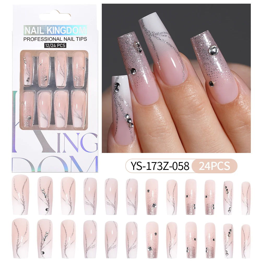 Manufacturer Direct Supply 24pcs Luxury Decorated False Nails Long Coffin Handmade 3d Gel Nail Art French Press on Nails