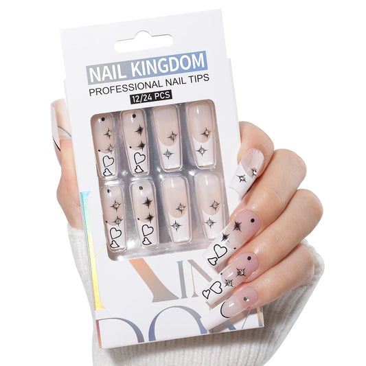 Manufacturer Direct Supply 24pcs Luxury Decorated False Nails Long Coffin Handmade 3d Gel Nail Art French Press on Nails