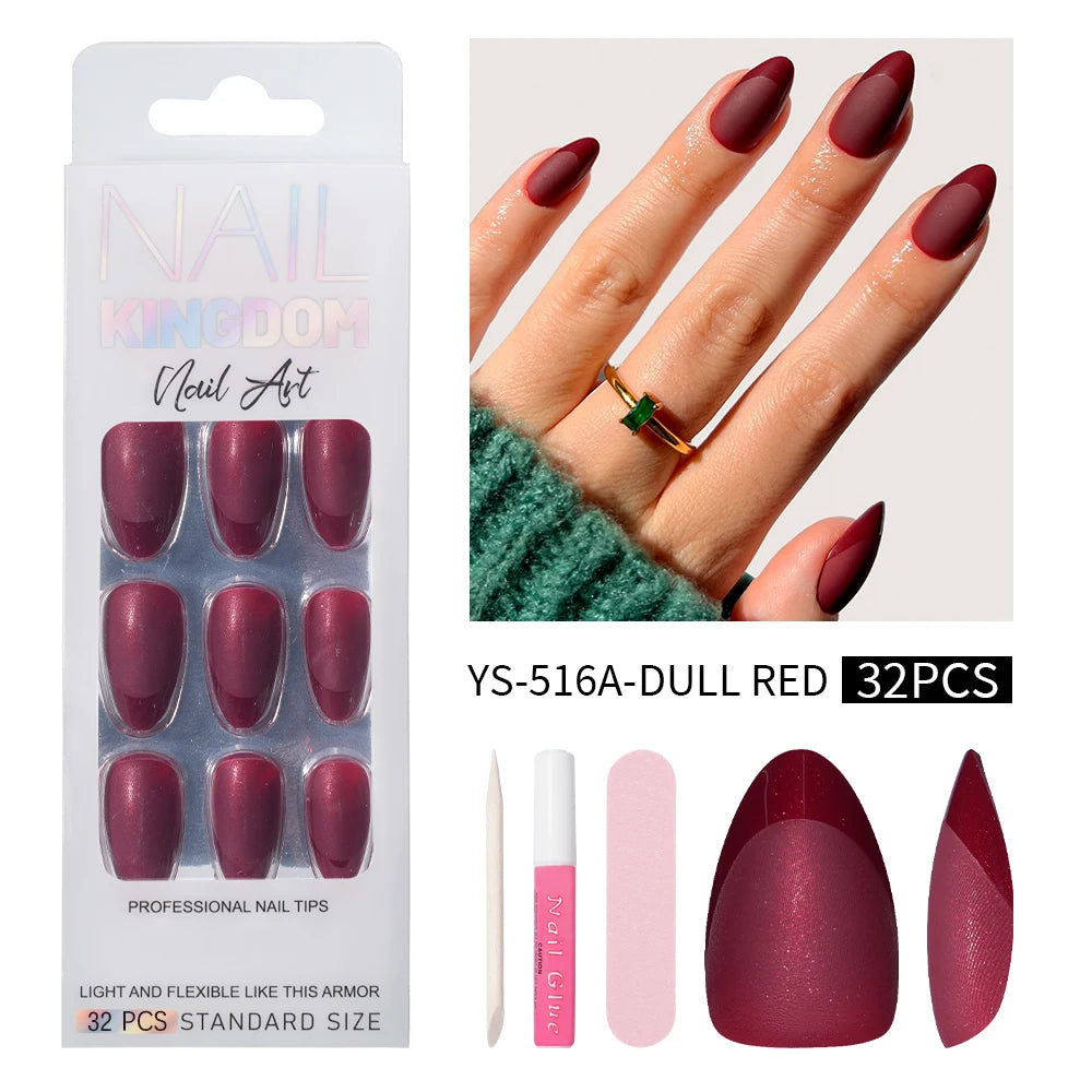 Wholesale 32PCS French Nails Press on Red Black Pink Color Short Almond Half Matte Press on Nails French Glitter Tip