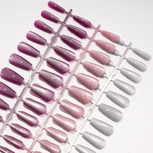 Wholesale OEM 120PCS Pink Purple Gray Cat Eye False Nails Design Luxury Glitter Cat Eye Solid Color Handmade Press on Nails Set