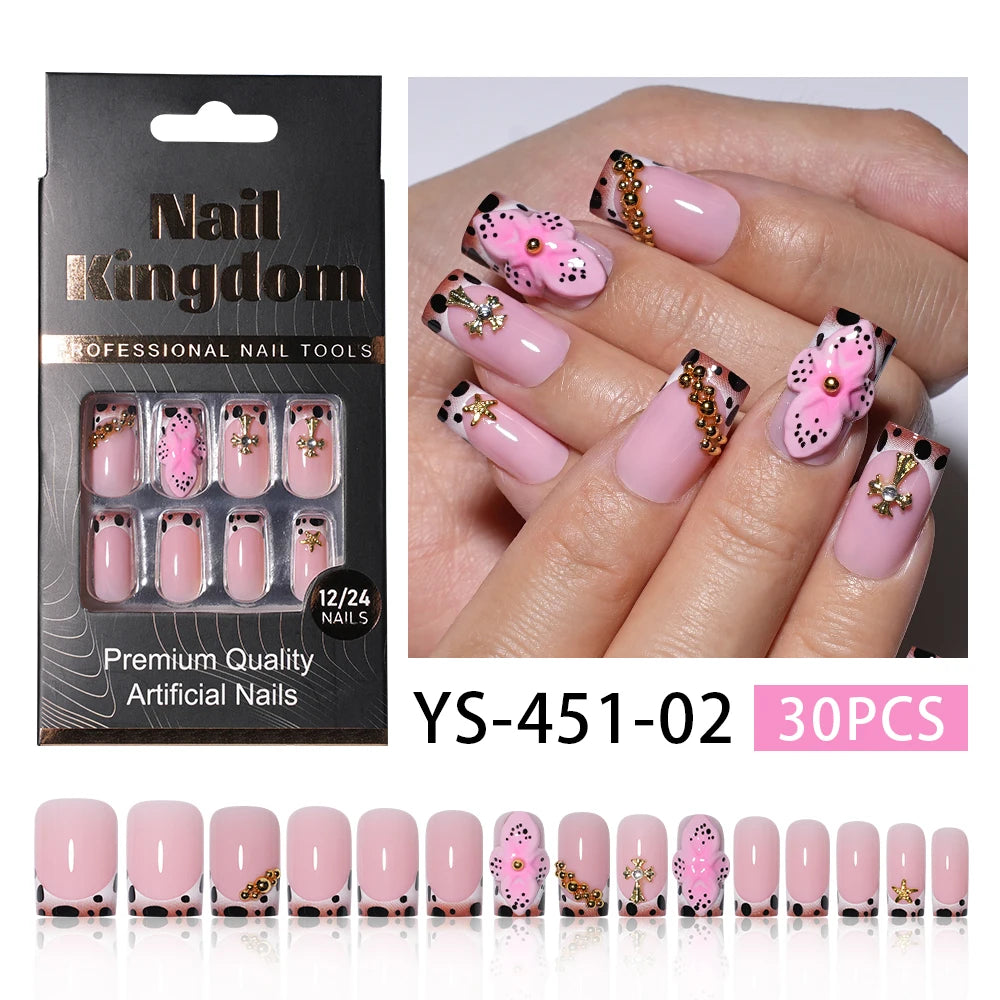 Wholesale Private Label 30pcs Acrylic 3D Luxury False Nails French Flower Design Short Square Press on Nails for Nail Art Salon