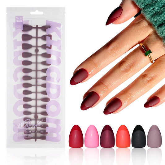 Wholesale 128PCS French Nails Press on Red Black Pink Solid Color Short Almond Half Matte Press on Nails French Glitter Tip