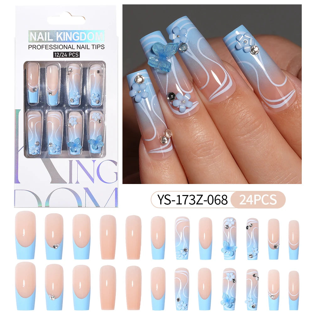 Manufacturer Direct Supply 24pcs Luxury Decorated False Nails Long Coffin Handmade 3d Gel Nail Art French Press on Nails