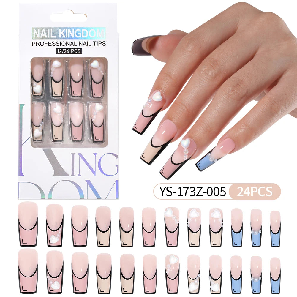 Manufacturer Direct Supply 24pcs Luxury Decorated False Nails Long Coffin Handmade 3d Gel Nail Art French Press on Nails