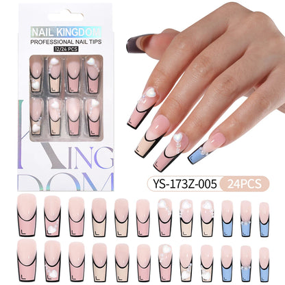 Manufacturer Direct Supply 24pcs Luxury Decorated False Nails Long Coffin Handmade 3d Gel Nail Art French Press on Nails