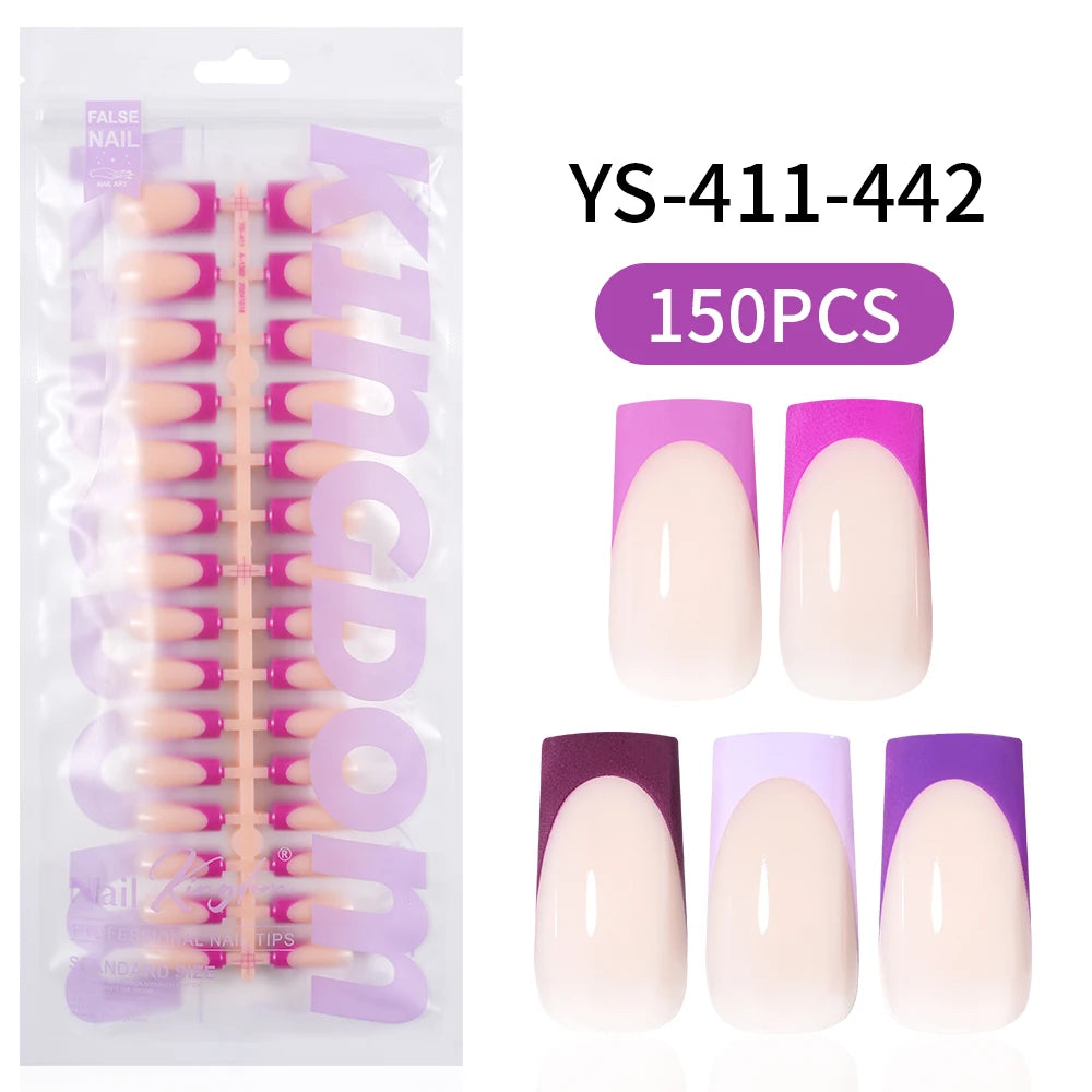 150PCS French Tip Press-On Nail Art Long Square Almond Full Cover Purple Solid Color for Finger Application Nail Supplier