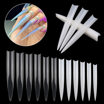 120 Pcs/box Extra Long Clear Natural Artificial Fingernails Acrylic False Nail Tips C Curve Pointed Stiletto Nail Art Tips