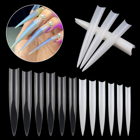 120 Pcs/box Extra Long Clear Natural Artificial Fingernails Acrylic False Nail Tips C Curve Pointed Stiletto Nail Art Tips