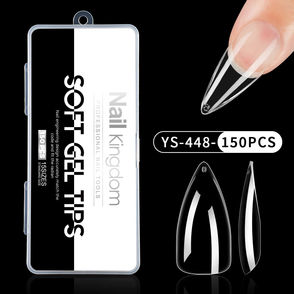 Wholesale False Nail Art Tips 15 Size Full Cover Traceless Transparent Clear Coffin Stiletto Square Almond Soft Gel Nail Tips