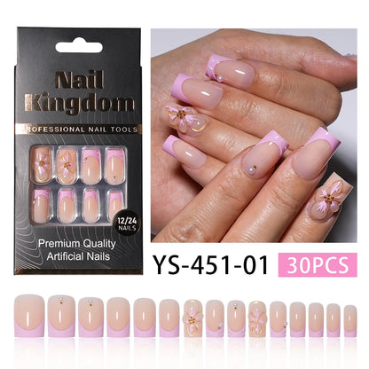 Wholesale Private Label 30pcs Acrylic 3D Luxury False Nails French Flower Design Short Square Press on Nails for Nail Art Salon