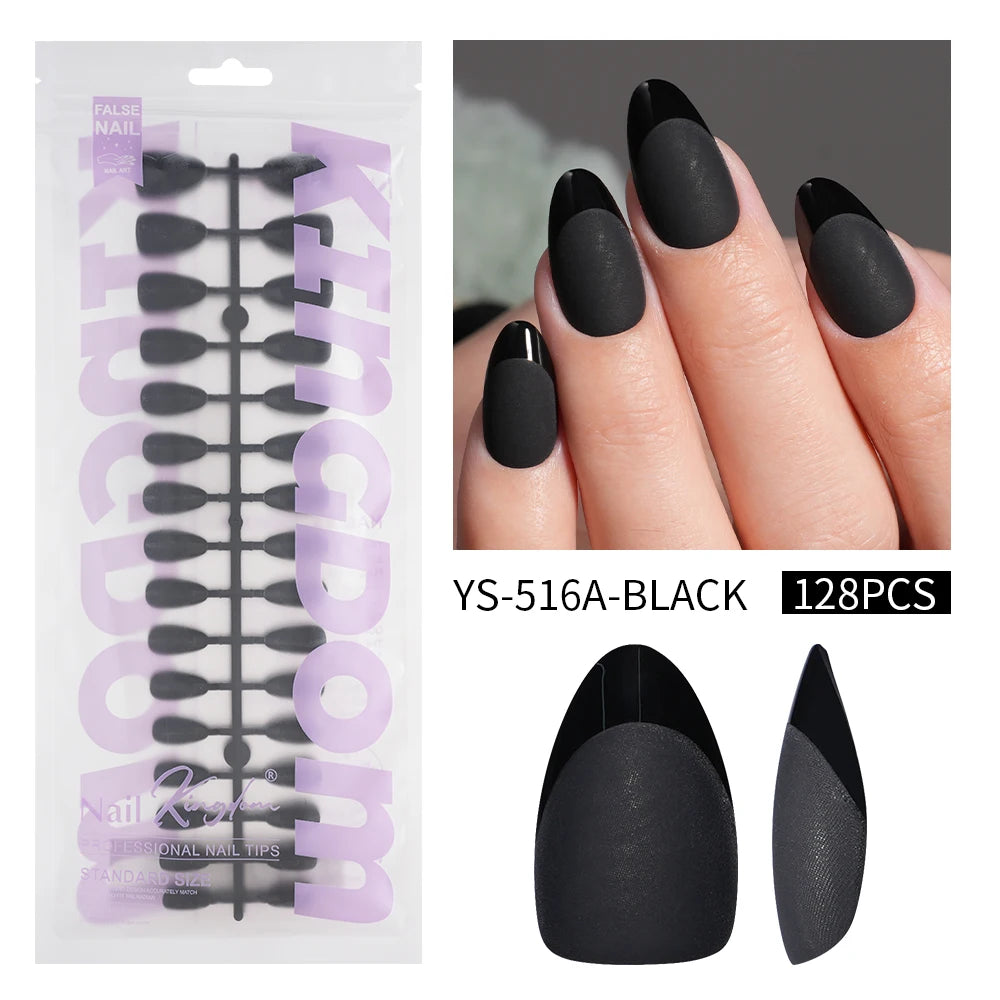 Wholesale 128PCS French Nails Press on Red Black Pink Solid Color Short Almond Half Matte Press on Nails French Glitter Tip