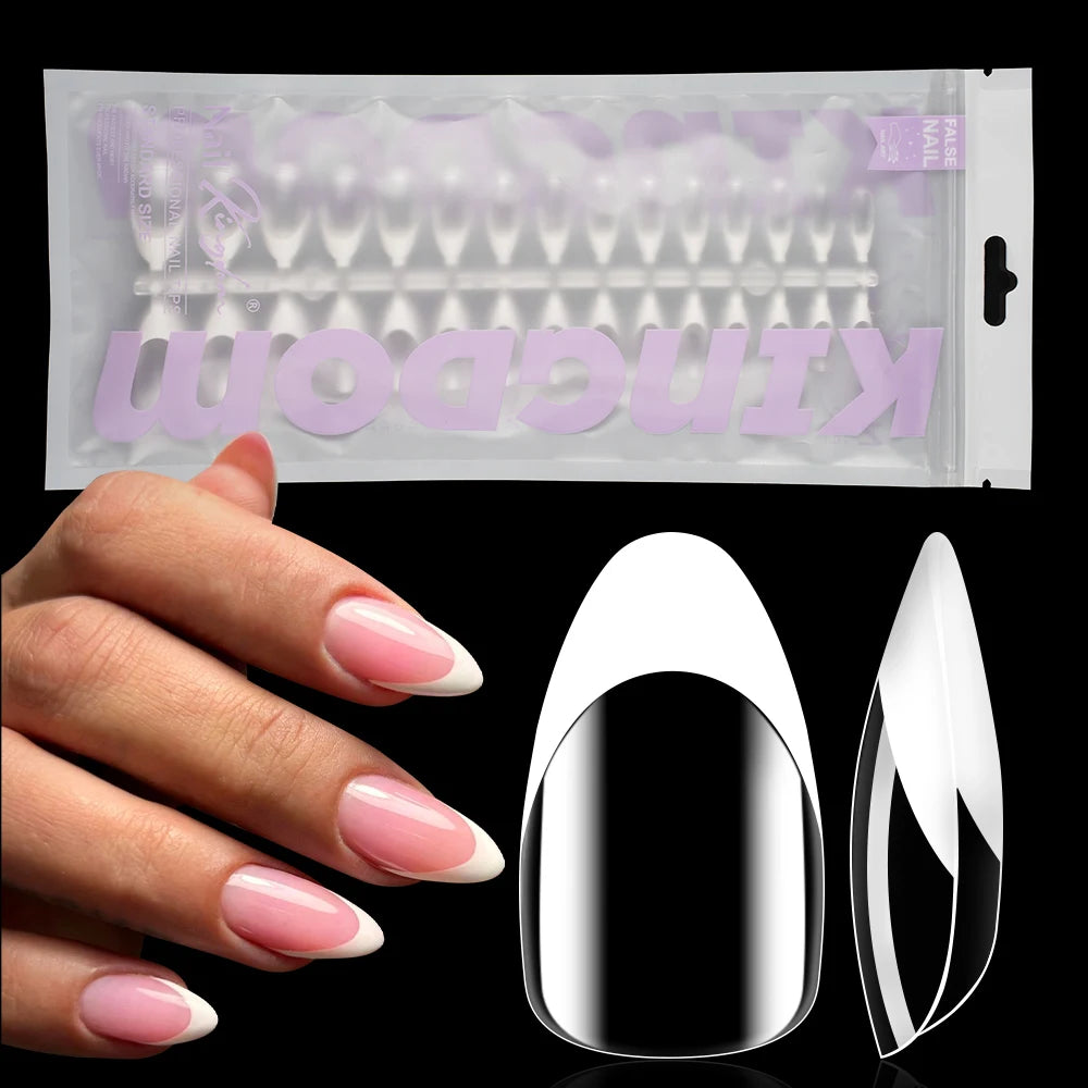 Nail Kingdom 15sizes 120pcs White French Soft Gel Press on Nails and Gel X Coat Pre-made Full Cover Almond Nail Tips