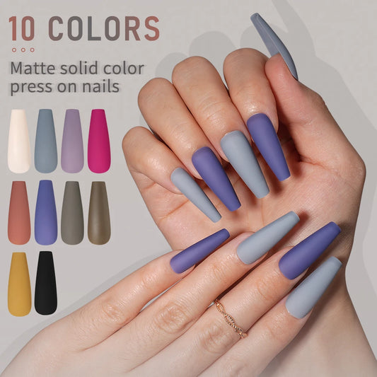 Factory Supplying False Nail Full Cover Waterproof Long Coffin Matte Rainbow Solid Colors Nails Tips Designer Press on Nails