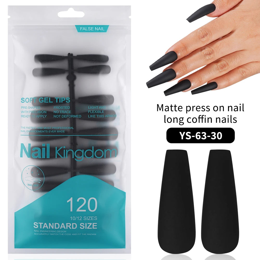 Factory Supplying False Nail Full Cover Waterproof Long Coffin Matte Rainbow Solid Colors Nails Tips Designer Press on Nails
