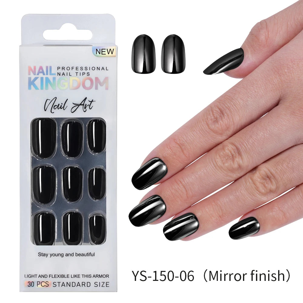 Custom Private Label 24pcs Short Round Solid Color Glittery Mirror False Nails Matte or Mirror Effect Press on Nails Set