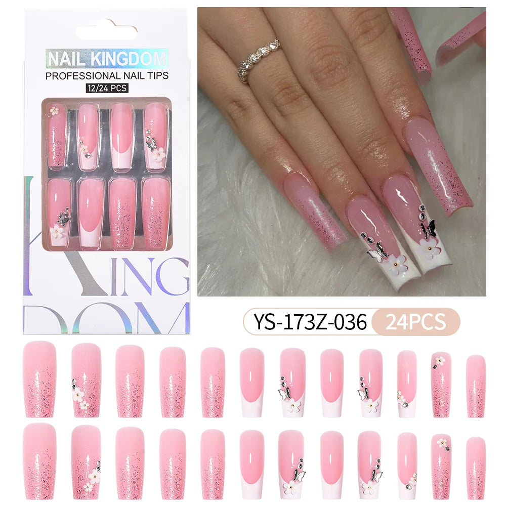 Manufacturer Direct Supply 24pcs Luxury Decorated False Nails Long Coffin Handmade 3d Gel Nail Art French Press on Nails
