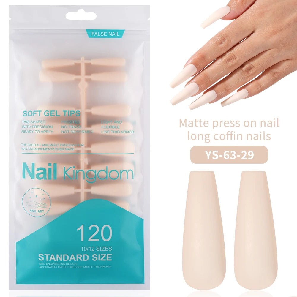Factory Supplying False Nail Full Cover Waterproof Long Coffin Matte Rainbow Solid Colors Nails Tips Designer Press on Nails