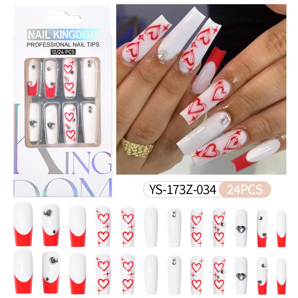 Manufacturer Direct Supply 24pcs Luxury Decorated False Nails Long Coffin Handmade 3d Gel Nail Art French Press on Nails