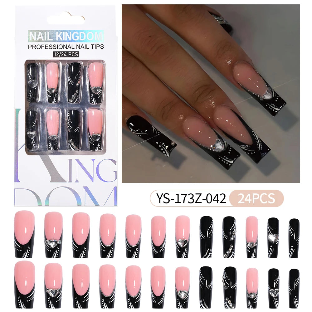 Manufacturer Direct Supply 24pcs Luxury Decorated False Nails Long Coffin Handmade 3d Gel Nail Art French Press on Nails