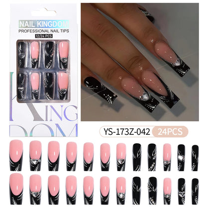 Manufacturer Direct Supply 24pcs Luxury Decorated False Nails Long Coffin Handmade 3d Gel Nail Art French Press on Nails