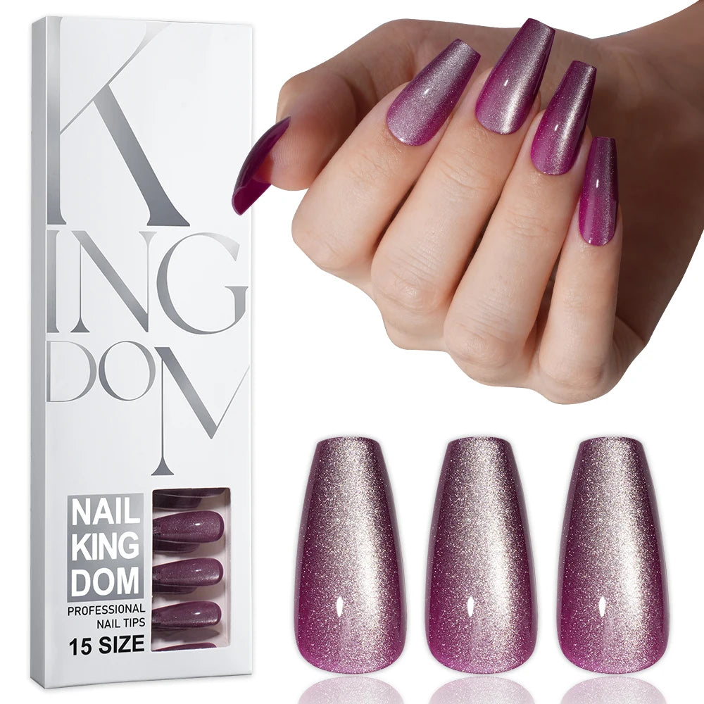Wholesale OEM 120PCS Pink Purple Gray Cat Eye False Nails Design Luxury Glitter Cat Eye Solid Color Handmade Press on Nails Set