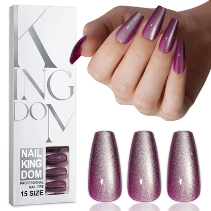 Wholesale OEM 120PCS Pink Purple Gray Cat Eye False Nails Design Luxury Glitter Cat Eye Solid Color Handmade Press on Nails Set