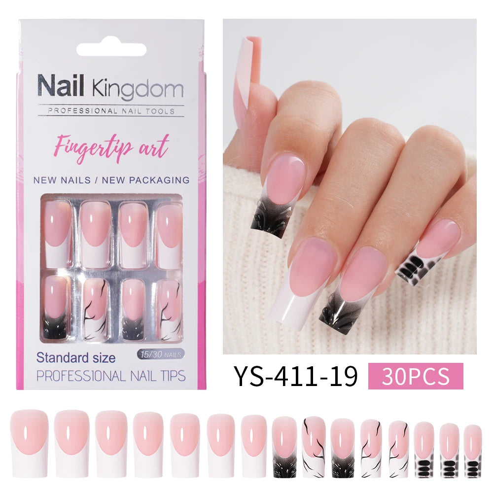 Nail Supplier Custom 30PCS Acrylic Designed Press on Nails Art Handmade Medium Square 3D Flower Gel French Press on Nails