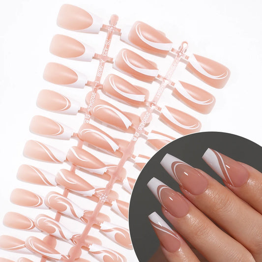 Private Label 120PCS/Bag French Artificial Fingernails Nude White Full Cover Long Square Handmade French Soft Gel Press on Nails