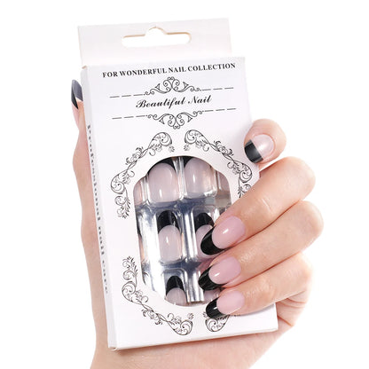 Custom 24PCS French Nails Press on Nude Color Handmade Short Round Acrylic Press on Nails French Black Tip