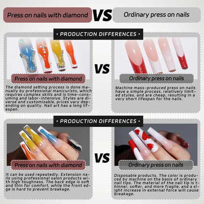 Private Label Wholesale Custom 24pcs French Style Press on Nail Long Square Rhinestone Luxury Press on Nails With Diamond