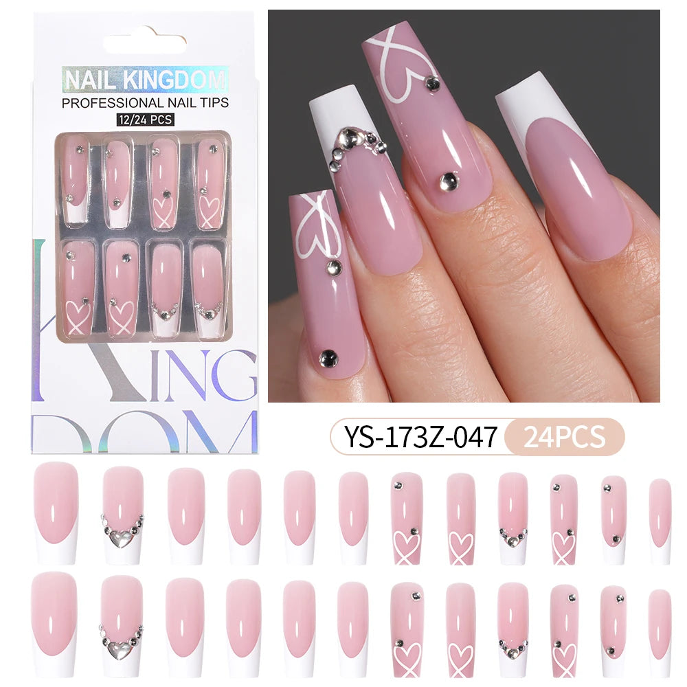 Manufacturer Direct Supply 24pcs Luxury Decorated False Nails Long Coffin Handmade 3d Gel Nail Art French Press on Nails