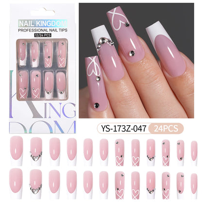 Manufacturer Direct Supply 24pcs Luxury Decorated False Nails Long Coffin Handmade 3d Gel Nail Art French Press on Nails