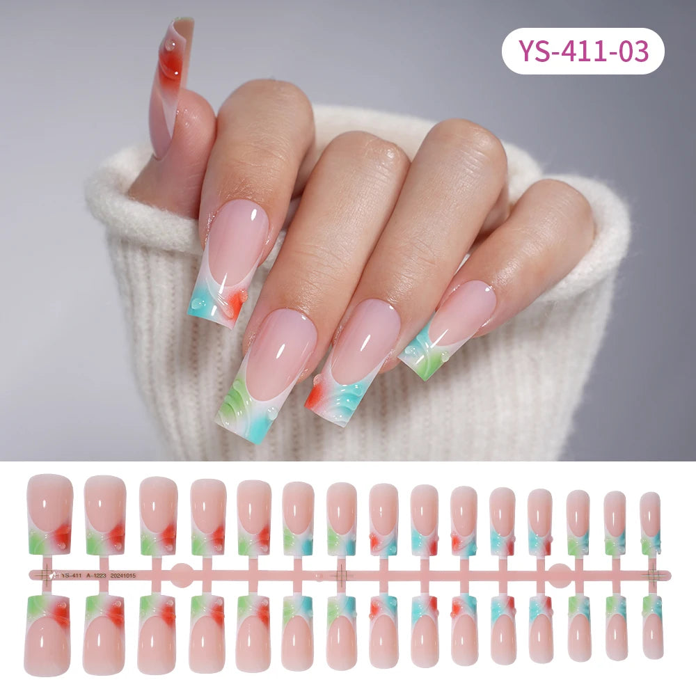 Custom Designed Luxury Diamond False Nails Full Cover Medium Square Handmade 3D Flower Rhinestone Gel French Press on Nails