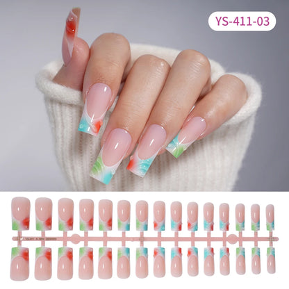Custom Designed Luxury Diamond False Nails Full Cover Medium Square Handmade 3D Flower Rhinestone Gel French Press on Nails