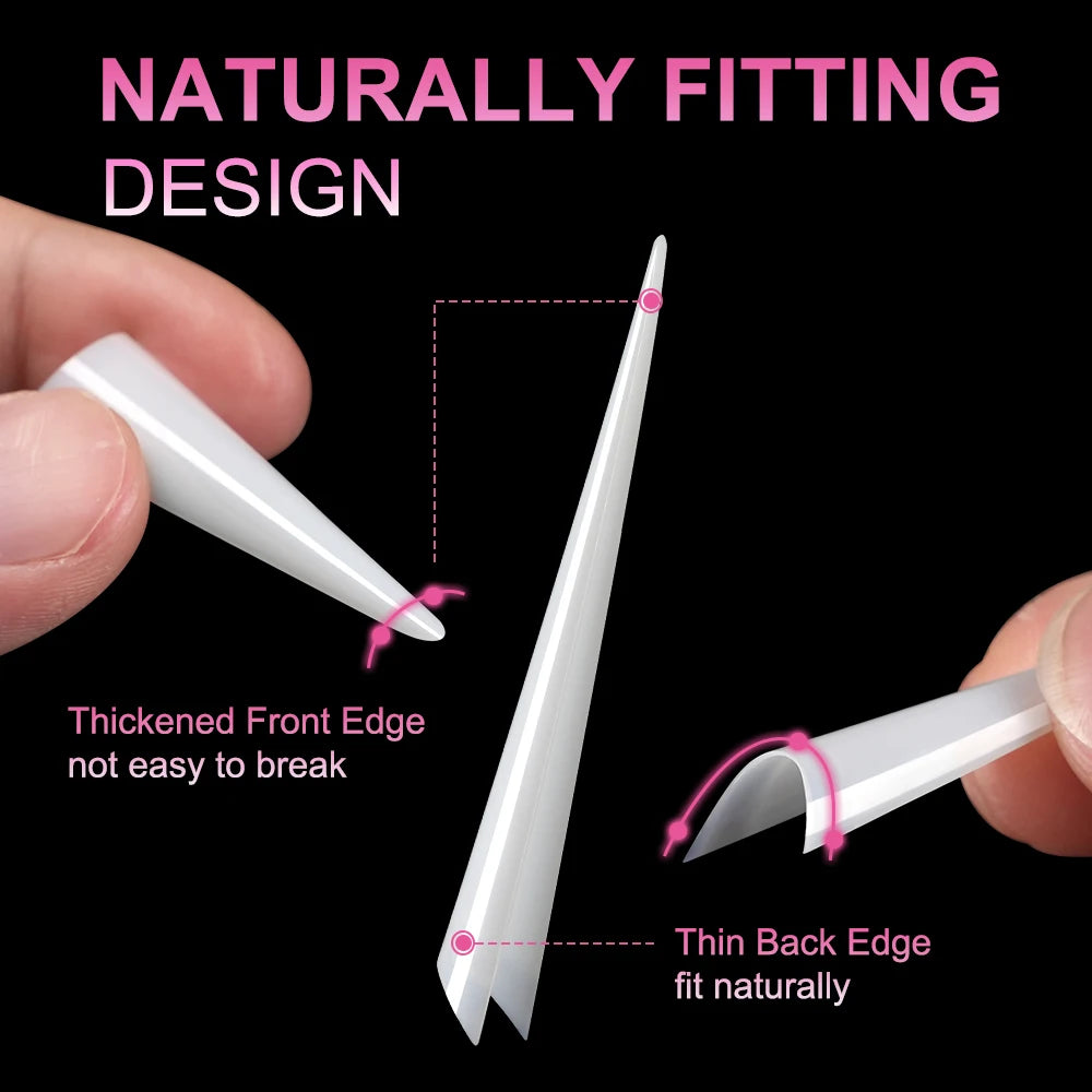 Wholesale Extra Long 504pcs Stiletto Nail Tips Long Pointed Nail Extensions for Finger Nature Clear Half Cover Manicure Design