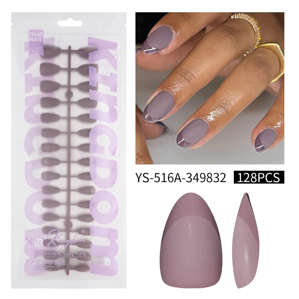 Wholesale 128PCS French Nails Press on Red Black Pink Solid Color Short Almond Half Matte Press on Nails French Glitter Tip