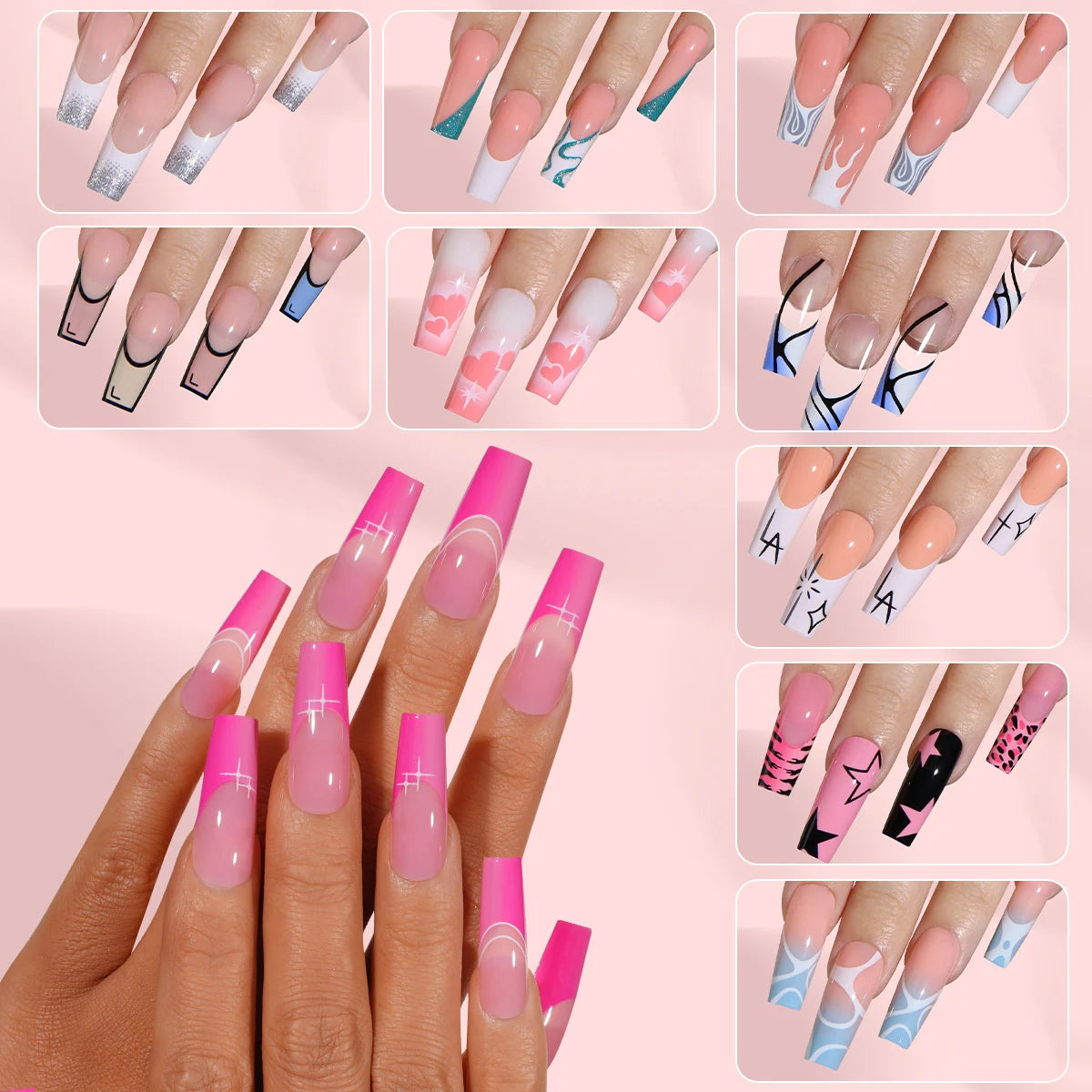 Wholesale Custom 24pcs Reusable Handmade Long Square Luxury French Tip Press on Nails for Nails Supplies Salon with Nail Tools