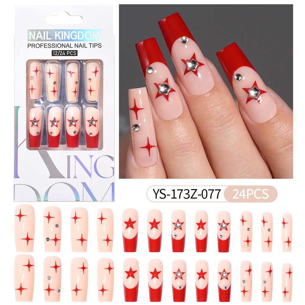 Manufacturer Direct Supply 24pcs Luxury Decorated False Nails Long Coffin Handmade 3d Gel Nail Art French Press on Nails