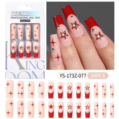 Manufacturer Direct Supply 24pcs Luxury Decorated False Nails Long Coffin Handmade 3d Gel Nail Art French Press on Nails