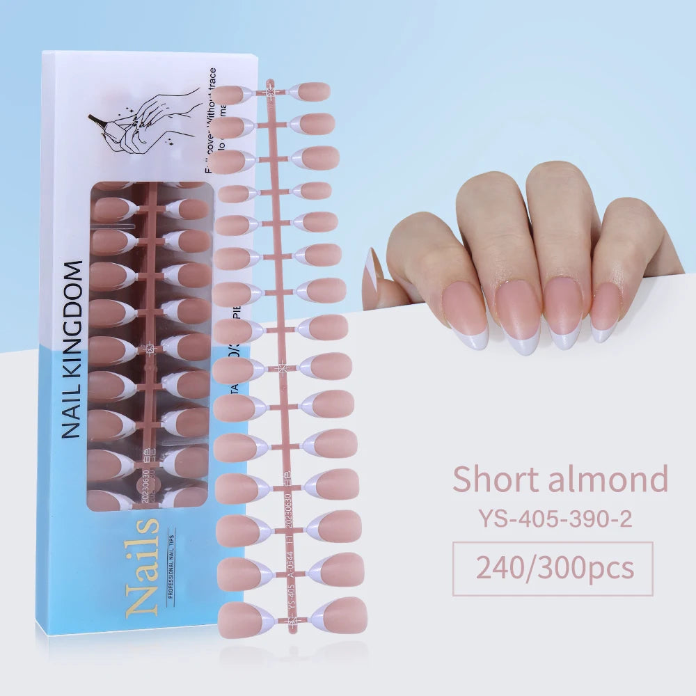 240pcs French Gel X Tips Press on Long Almond False Nails Premade Designed X Coat Tips Full Cover French Tip Press on Nails