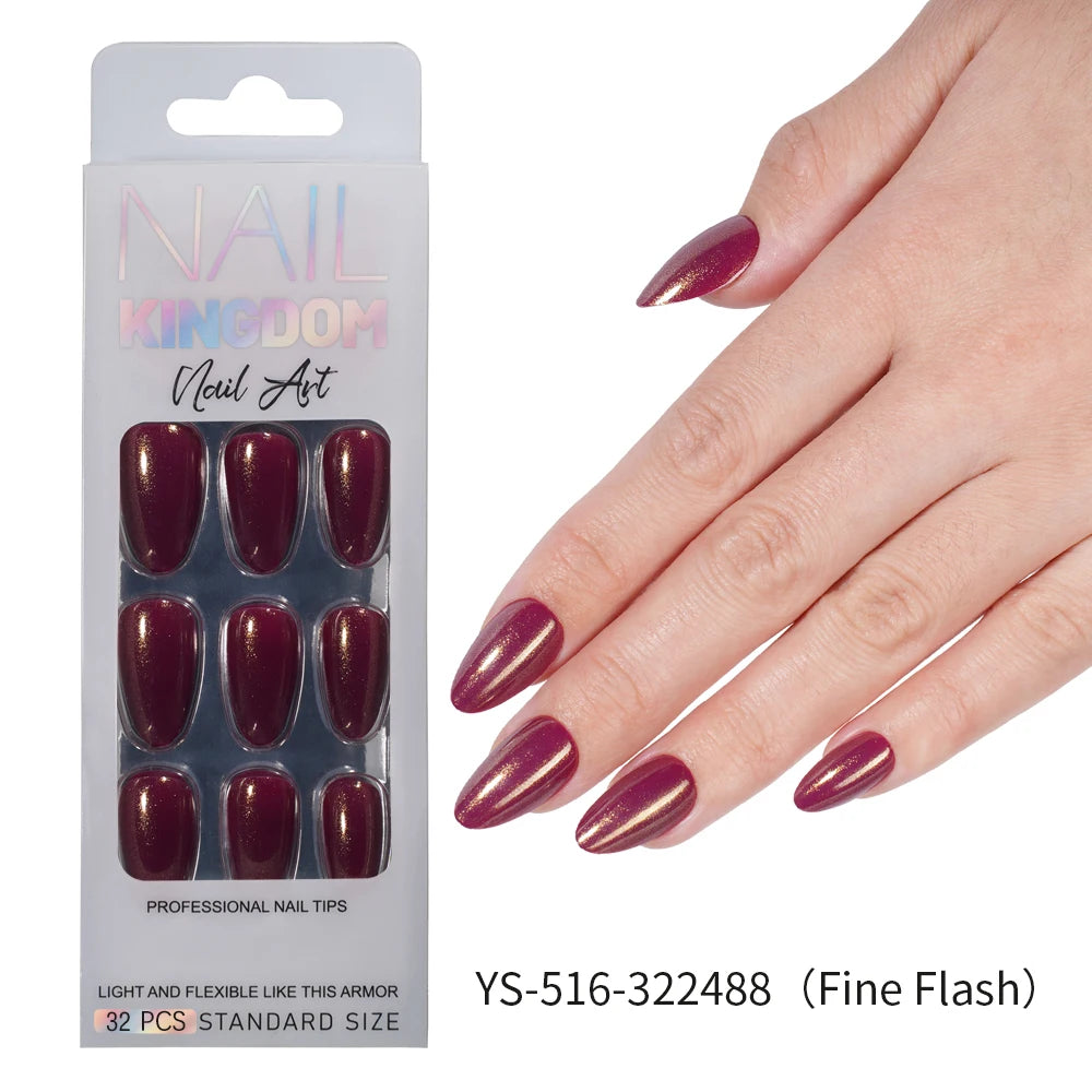 Nail Factory Custom 32pcs/30pcs Handmade Gel Nails Press on Full Cover Solid Color Aurora Glitter Almond Press on Nail Tips