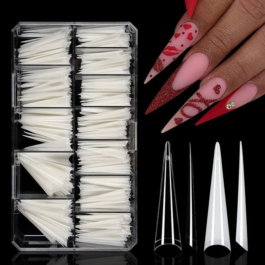 Wholesale Extra Long 504pcs Stiletto Nail Tips Long Pointed Nail Extensions for Finger Nature Clear Half Cover Manicure Design