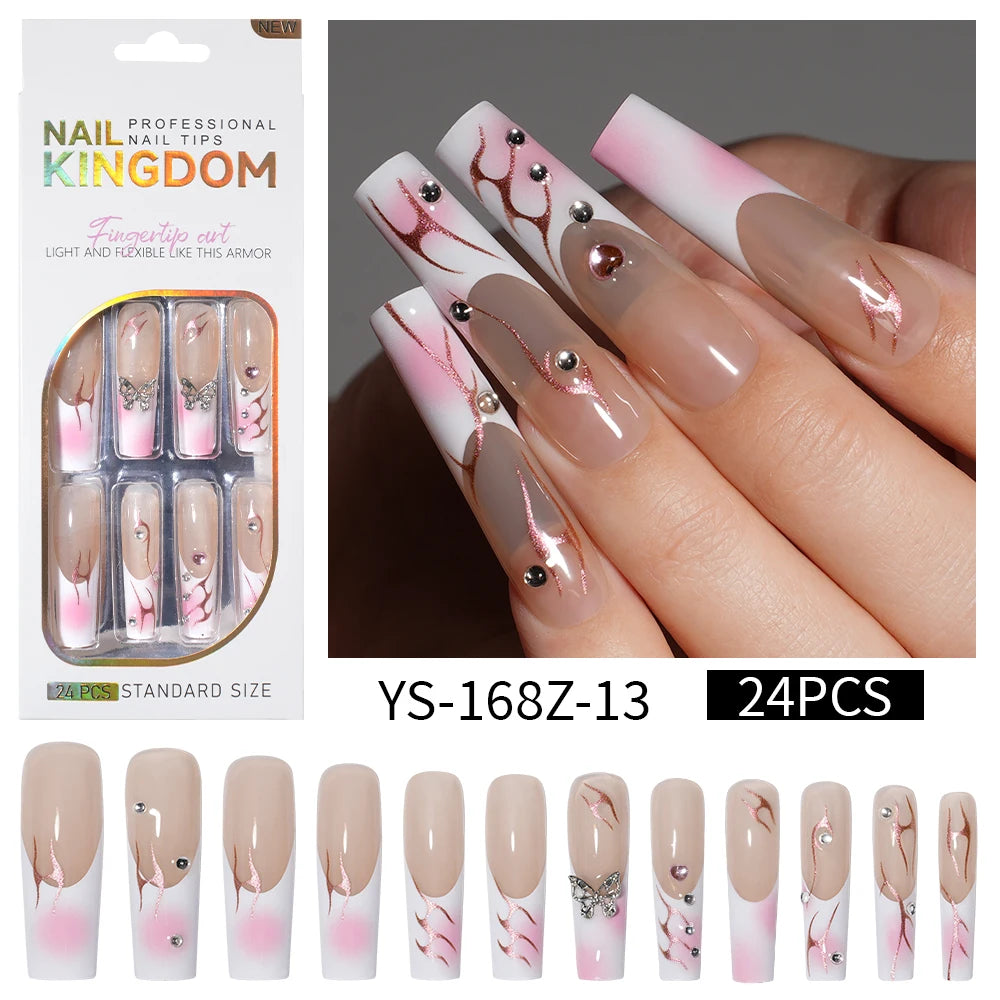 Private Label Wholesale Custom 24pcs French Style Press on Nail Long Square Rhinestone Luxury Press on Nails With Diamond