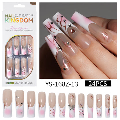 Private Label Wholesale Custom 24pcs French Style Press on Nail Long Square Rhinestone Luxury Press on Nails With Diamond