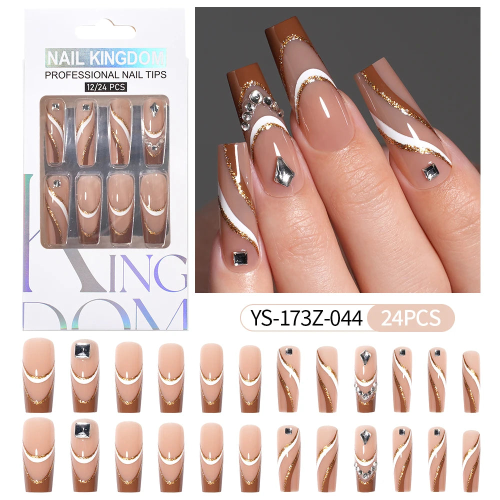 Manufacturer Direct Supply 24pcs Luxury Decorated False Nails Long Coffin Handmade 3d Gel Nail Art French Press on Nails