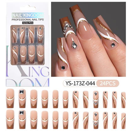 Manufacturer Direct Supply 24pcs Luxury Decorated False Nails Long Coffin Handmade 3d Gel Nail Art French Press on Nails